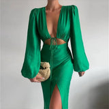 Graduation party Green Dresses Hollow Out Sexy Dress Beach Holiday Spring Summer 2022 New Lace Up Lantern Sleeve Split Midi Skirt Womens