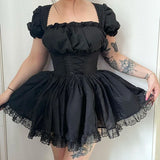 Goth Bandage Harajuku White Lolita Kwaii Dresses Black Women Sexy Mini Dress Gothic Lace Puff Sleeves Bodycon Partywear-Outfit