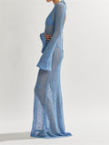 Women Crochet Backless Long Dress Bikini Cover Ups Long Flare Sleeve Hollow Out Knitted Beach Dresses Female Vestidos-Outfit
