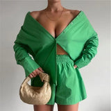 Loungewear Women Blue Suits With Shorts Casual Loose Long Sleeve Cardigan Shirt Two Piece Set Sleepwear Summer