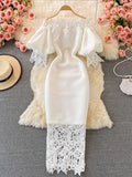 Sexy Hollow Out Lace Bodycon Long Dress Women Elegant Red/Pink/White Off Shoulder Patchwork Maxi Party Vestidos 2021 Autumn
