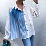 Straight Patchwork Color Block Shirt For Women Lapel Long Sleeve Loose Button Through Blouse Female Clothing