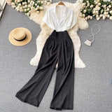 Office Lady Notched Collar Patchwork Romper Women Elegant Short Sleeve High Waist Wide Leg Playsuits Female Summer OL