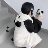 Autumn Winter Kawaii Hoodies Women Japanese Soft Girl Lambswool Cute Panda Ear Oversized Hoodie Preppy Style Button