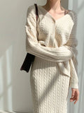 Women Autumn Winter V-Neck Hemp Pattern Knitted Sweater Top + High Waist Elegant Skirt 2 Piece Set Slim Casual Dress