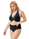 Halter Plunge Neck Solid Lace Up Plus Size Two Piece