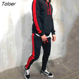 Men 2 Pieces Sets 2019 Brand Autumn Winter Hooded Sweatshirt +Drawstring Pants Male Stripe Patchwork