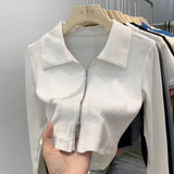 Design Sense Niche Double Zipper Polo Collar Jacket Women's Early Autumn New Threaded Short Top Knitted Cardigan-Outfit