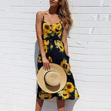 Summer Flower Dress Sexy Spaghetti Strap Floral Printed Sundress Fashion Backless Pocket Sunflower Plus Size Beach
