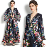 Sexy V-Neck Holiday Beach Dress 2022 Spring Women Flared Sleeve High Waist Button up Floral Print Long Party