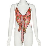 Print Halter Bandage Strings Patchwork Slit Irregular Crop Top Summer Fashion Clothes Streetwear Drop Shipping