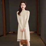 Collar Long-Sleeved Knitted Dress Women's Autumn And Winter Coat With Sweater 2024 Red Bottomed Medium-Length Dress-Outfit