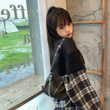 Deeptown Gothic Hoodie Women Fleece Plaid Patchwork Sweatshirt Oversized Streetwear Korean 2021 Punk Grunge Pullover Alt