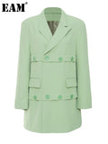 Women Green Button Irregular Big Size Blazer New Lapel Long Sleeve Loose Fit Jacket Fashion Spring Autumn 2023
