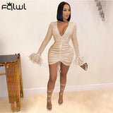 Summer Streetwear Bodycon Dress Women Flare Long Sleeve White V Neck Black Dresses Casual Bandage Ruched Mini Dress