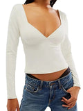 Sexy Deep V-neck Slim Fit Solid T-shirts Tops for Women Long Sleeve Spring Fall Side Split Backless Tees Shirts 2023-Outfit