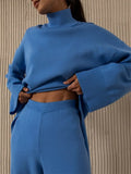 Women Knitted Two Piece Sets Solid High Collar Pullovers+Wide Legs Pants Irregular Suit 2022 Autumn Winter Fashion Loose