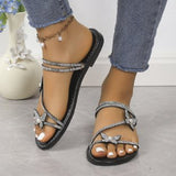 Drill Bow Bow Jacket Toe Sandals Women 2025 New Flat Bottom With Skirt Beach One Shoes Two Women's Cool Slippers