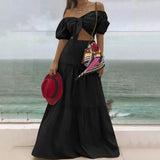Women 2pcs Sets 2022 Summer Holiday Short Puff Sleeve Short Tops and Stitching Pleats Long Skirts Suits Sexy Dress