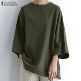 Womens Baggy Solid Blouse ZANZEA 2022 Vintage Flare Sleeve Tops Casual Autumn Blusas Female Split Tunic Oversized