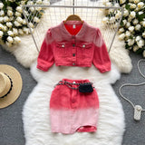 Purse Denim Women Set Fashion Lapel Single Breasted Short Tops+ Zipper Irregular Mini Shorts Retro Two Piece