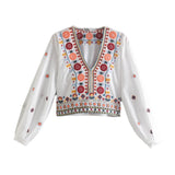 Women's Summer New Retro V-Neck National Style Embroidered Top + High-Waisted Cascade Skirt