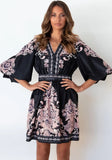 Vintage V-neck Half Sleeves Floral Print Mini Loose Holiday