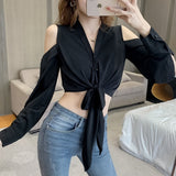 Women Blusas Mujer De Moda 2021 Long Sleeve Sexy Off Shoulder Top V-neck Black Chiffon Blouse Shirt Women Tops Blusa
