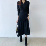 Elegant V-Neck Single-Breasted Thicken Sweater Dress Women 2022 Autumn Winter Knitted Belted Female A-Line Long Dresses