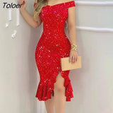 Women Fashion Elegant Sexy Glitter Off Shoulder Ruffles Slit Midi Dress Sexy Party Solid Red Black Bodycon