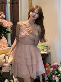 Pink Sweet Dress Women Elegant Sexy Party Mini Dresses Female Korean Fashion Bandage High Waist Holiday Strap Dress