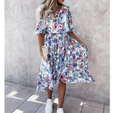 Floral Dress Aysmmetrcial Half Sleeve Printed Buttoned V-Neck Dress High Waist Boho Holiday Vestidos Fashion Midi