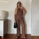 Sexy Brown Tank Top Set Woman 2 Pieces Chic Summer Casual High Waist Pants Set Female Elegnat Slim Pleated Trouser