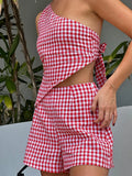 Women Y2K 2Pieces Plaid Outfits One Shoulder Irregular Hem Backless Tie-up Tank Tops+High Waist Shorts Set Loungewear-Outfit