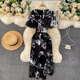 Casual Women Lace Patchwork Printed Bodycon Dress Ladies Office Elegant V-Neck Short Sleeve High Waist Vestidos With Sashes