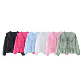 New Spring Doll Tie Casual Loose Solid Color Shirt-Outfit