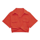 Women Safari Style Pockets Patch Knotted Linen Short Smock Blouse Lady Chic Kimono Cropped Shirt Blusas Tops-Outfit
