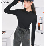 Women Bottoming T-shirts 2022 Winter Long Sleeve Crossover Neckline Slim Fit Stretch Tees Dralon Basic All Match