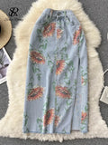 Floarl Print Women Jeans Skirt 2022 Summer Split Button Zipper Vacation Retro Ladies A Line Harajuku Long