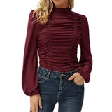 New T Shirt Women Clothing Solid Stand Neck Long Sleeve Plus Size Fashion Ruched Chic Tops Ladies Casual Slim Tee