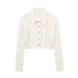 Spring Style Beaded Diamond Lapel Knitted Sweater Short Coat 4331141-Outfit