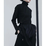 Women Black Hem Mesh Pleated Irregular Elegant T-shirt New Turtleneck Long Sleeve Fashion Tide Spring Autumn 2023