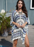 Vacation Blue Stripes V Neck Loose Crochet Knitted Beach