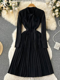 2022 Winter Knitted Pleated Dress Temperamant Bow Tie Long Sleeve Elastic Slim Female Solid Midi Long Sweater