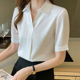 Femme Short Sleeve Women Tops Blouse Women Blusas Mujer De Moda 2021 Turn Down Collar Chiffon White Blouse Shirt