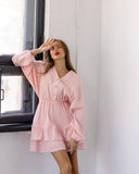 Summer New Solid Color Long-Sleeved Dress Temperament V Collar Thin A