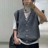 Knitted Sweater Vest Women Stretchy Simple Basic Daily V-neck Solid Open-stitch Female Korean