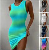 Slim Sleeveless Dress Women Fashion Round Neck Gradient Print Sleeveless Tight Dress