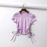 Side Drawstring Tie Up Ruched Tank Tops Women Solid Color Slim Crop Top Ladies Streetwear Ribbed Knitted Tees 2023-Outfit