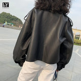 VAREY LIN 2022 Spring Women Biker Jacket Pu Leather Jacket Casual Outwear Black Short Loose Soft Faux Leather Jacket